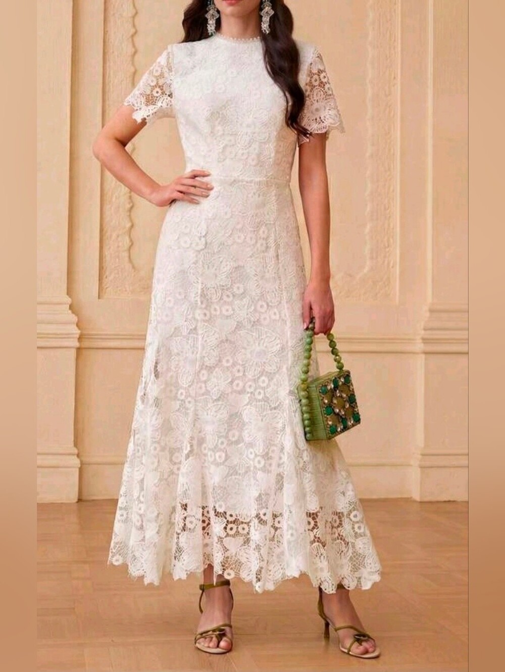 New Sheer Embroidered Floral Lace Maxi Dress Short Sleeve White